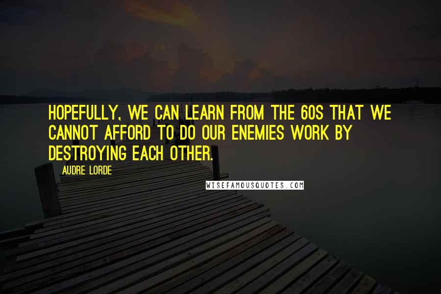 Audre Lorde Quotes: Hopefully, we can learn from the 60s that we cannot afford to do our enemies work by destroying each other.