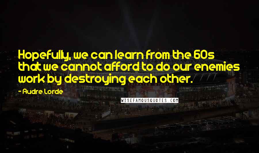 Audre Lorde Quotes: Hopefully, we can learn from the 60s that we cannot afford to do our enemies work by destroying each other.