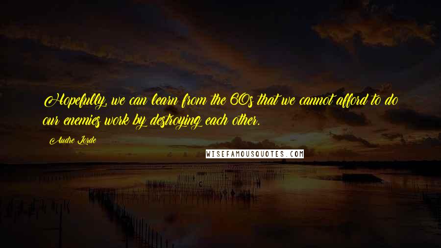 Audre Lorde Quotes: Hopefully, we can learn from the 60s that we cannot afford to do our enemies work by destroying each other.