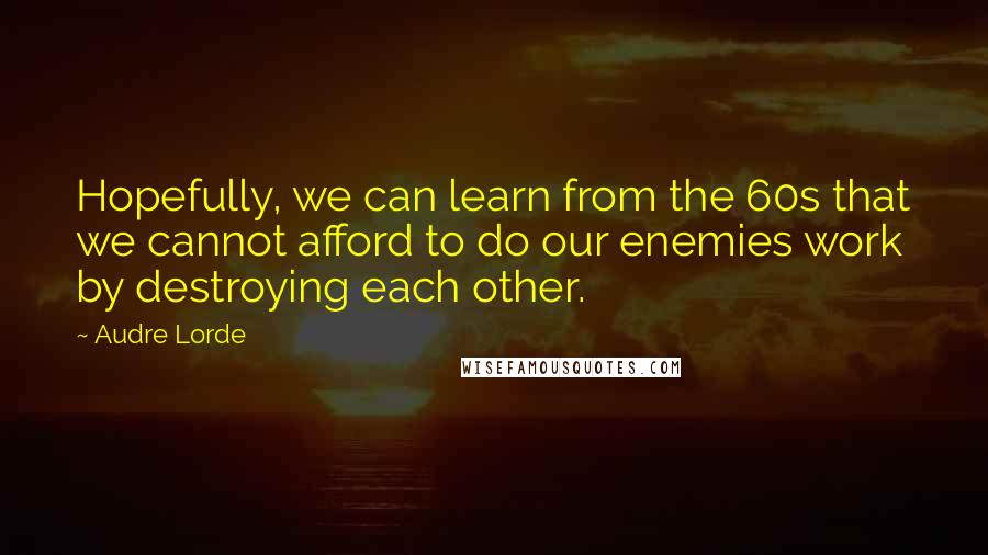 Audre Lorde Quotes: Hopefully, we can learn from the 60s that we cannot afford to do our enemies work by destroying each other.