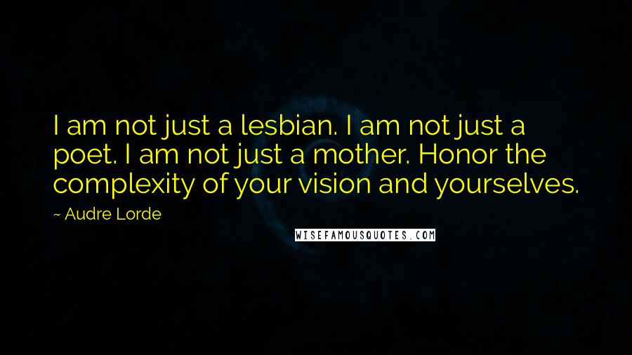 Audre Lorde Quotes: I am not just a lesbian. I am not just a poet. I am not just a mother. Honor the complexity of your vision and yourselves.