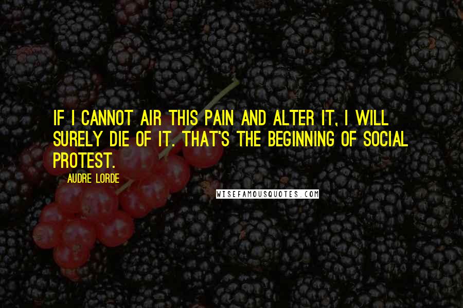 Audre Lorde Quotes: If I cannot air this pain and alter it, I will surely die of it. That's the beginning of social protest.