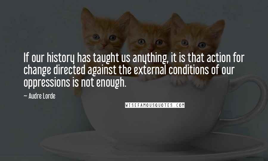 Audre Lorde Quotes: If our history has taught us anything, it is that action for change directed against the external conditions of our oppressions is not enough.
