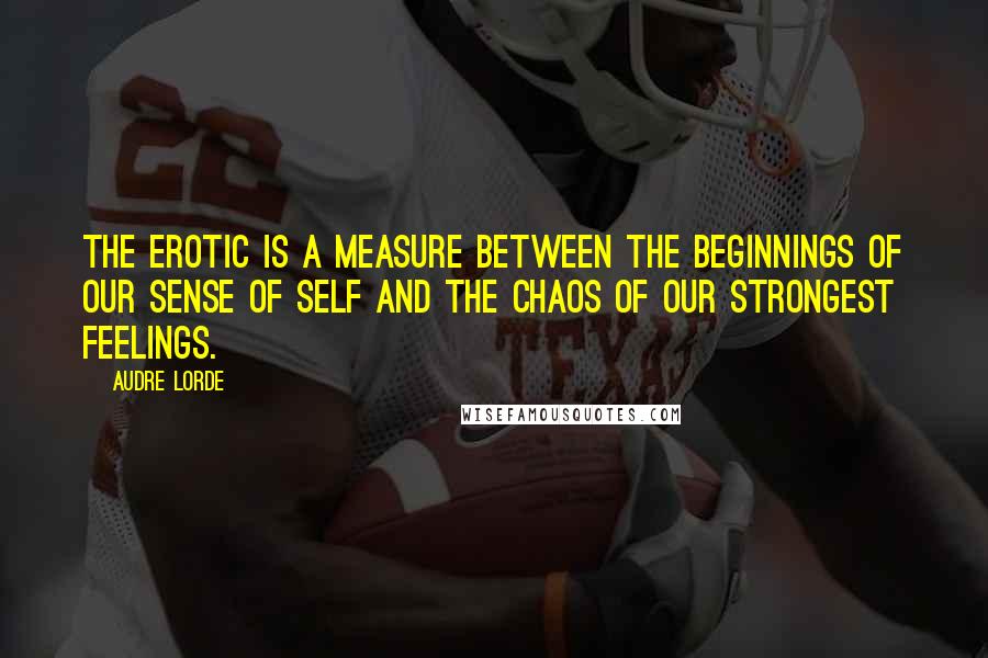 Audre Lorde Quotes: The erotic is a measure between the beginnings of our sense of self and the chaos of our strongest feelings.