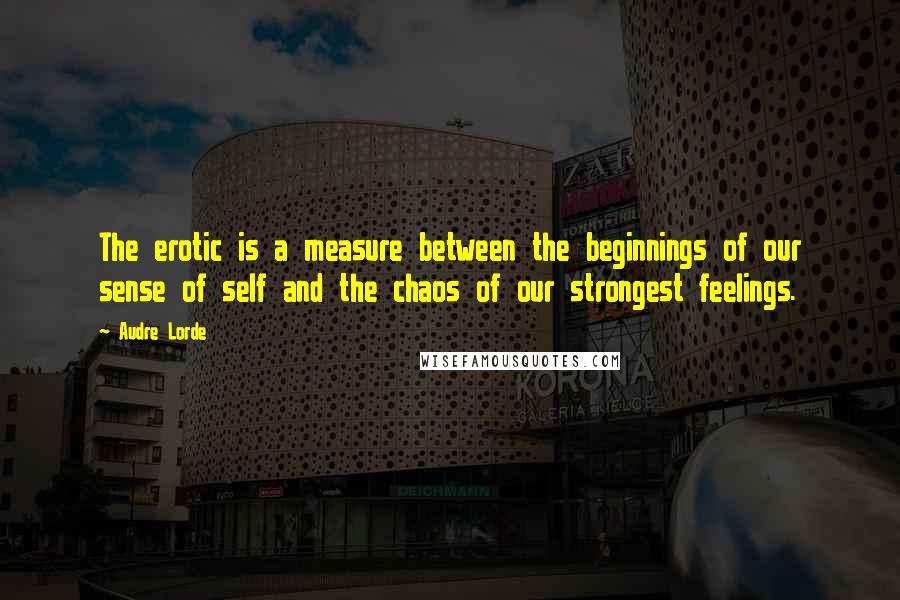 Audre Lorde Quotes: The erotic is a measure between the beginnings of our sense of self and the chaos of our strongest feelings.