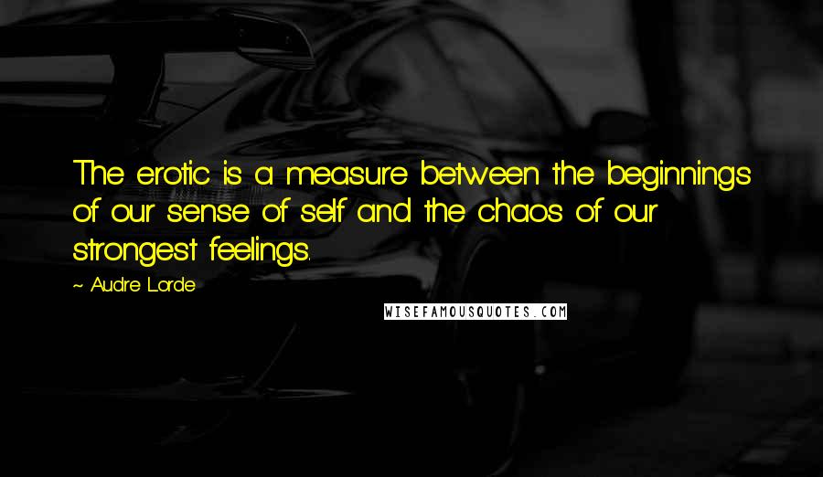 Audre Lorde Quotes: The erotic is a measure between the beginnings of our sense of self and the chaos of our strongest feelings.