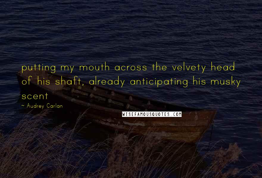 Audrey Carlan Quotes: putting my mouth across the velvety head of his shaft, already anticipating his musky scent