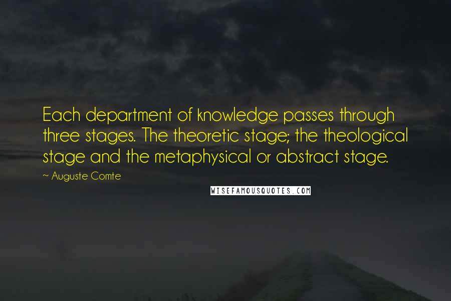 Auguste Comte Quotes: Each department of knowledge passes through three stages. The theoretic stage; the theological stage and the metaphysical or abstract stage.