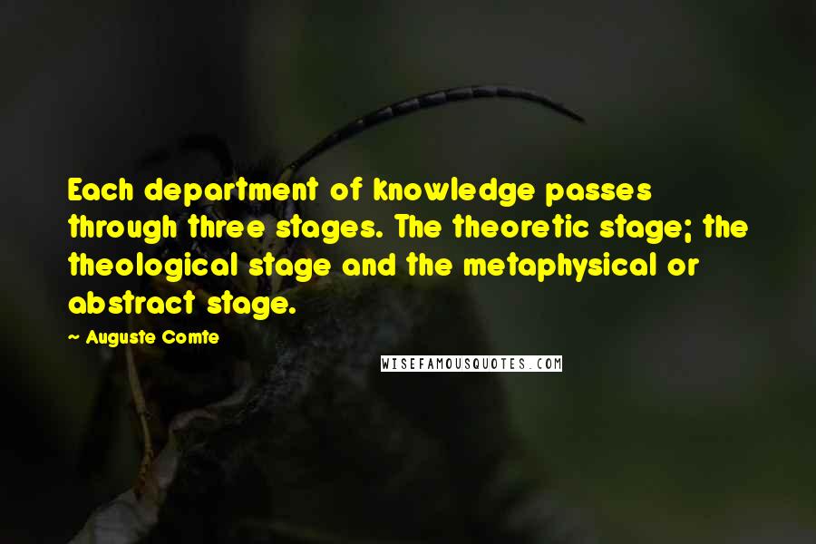 Auguste Comte Quotes: Each department of knowledge passes through three stages. The theoretic stage; the theological stage and the metaphysical or abstract stage.