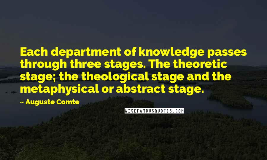 Auguste Comte Quotes: Each department of knowledge passes through three stages. The theoretic stage; the theological stage and the metaphysical or abstract stage.