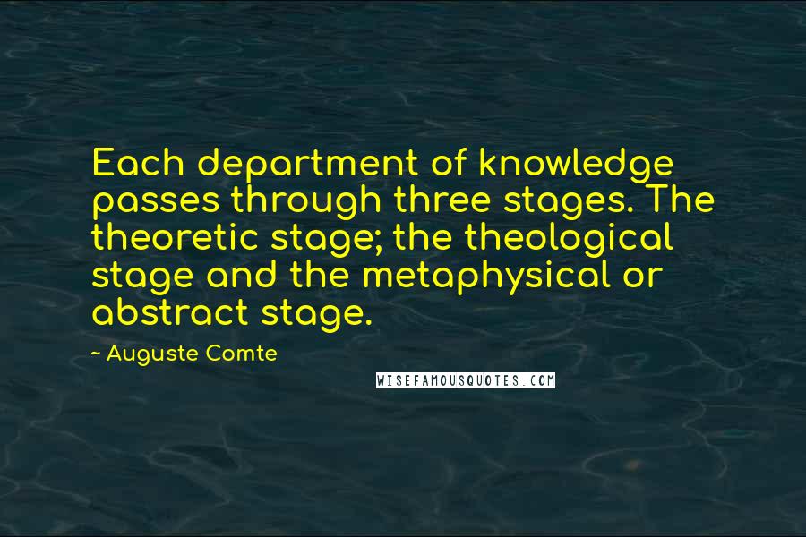 Auguste Comte Quotes: Each department of knowledge passes through three stages. The theoretic stage; the theological stage and the metaphysical or abstract stage.