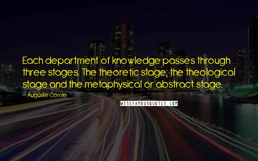 Auguste Comte Quotes: Each department of knowledge passes through three stages. The theoretic stage; the theological stage and the metaphysical or abstract stage.