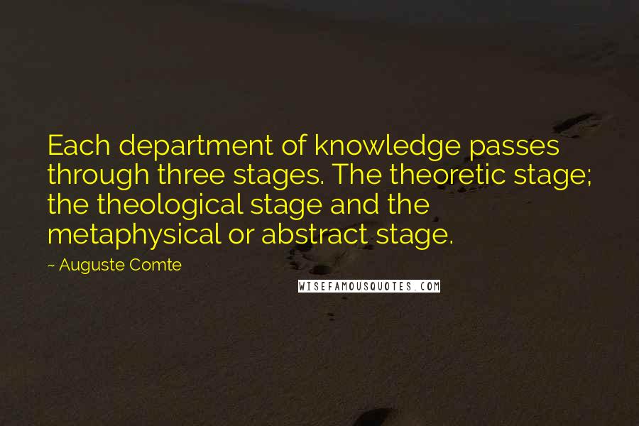 Auguste Comte Quotes: Each department of knowledge passes through three stages. The theoretic stage; the theological stage and the metaphysical or abstract stage.