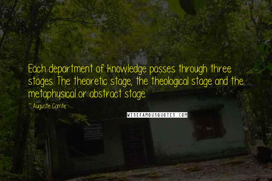 Auguste Comte Quotes: Each department of knowledge passes through three stages. The theoretic stage; the theological stage and the metaphysical or abstract stage.
