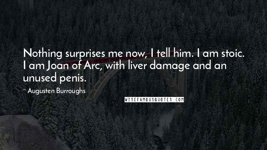 Augusten Burroughs Quotes: Nothing surprises me now, I tell him. I am stoic. I am Joan of Arc, with liver damage and an unused penis.