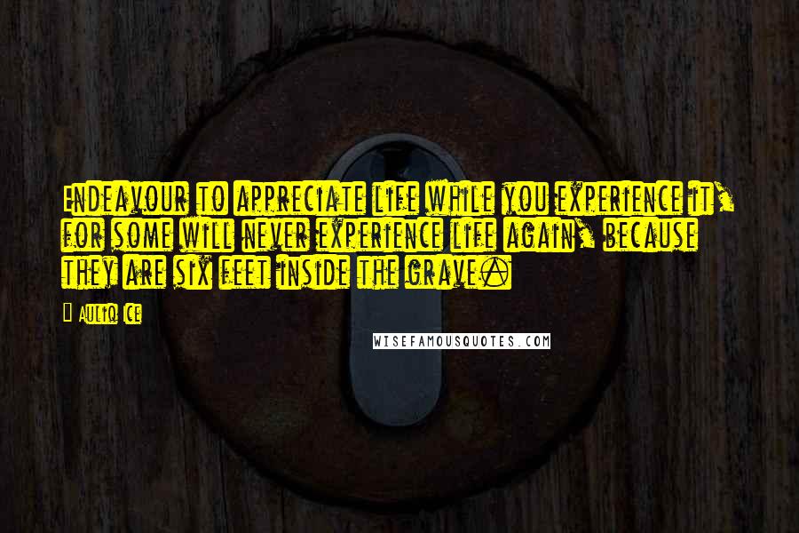 Auliq Ice Quotes: Endeavour to appreciate life while you experience it, for some will never experience life again, because they are six feet inside the grave.