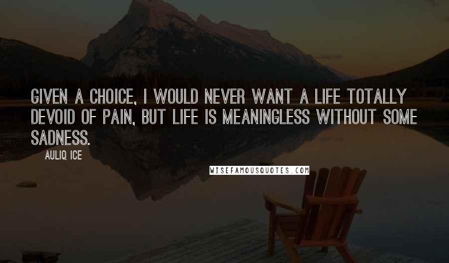 Auliq Ice Quotes: Given a choice, I would never want a life totally devoid of pain, but life is meaningless without some sadness.