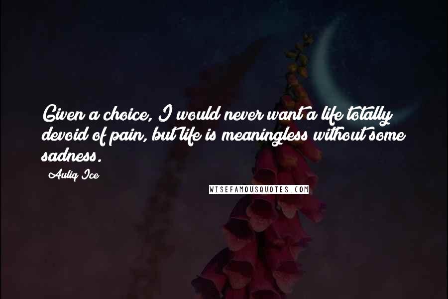 Auliq Ice Quotes: Given a choice, I would never want a life totally devoid of pain, but life is meaningless without some sadness.