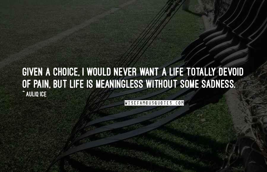 Auliq Ice Quotes: Given a choice, I would never want a life totally devoid of pain, but life is meaningless without some sadness.