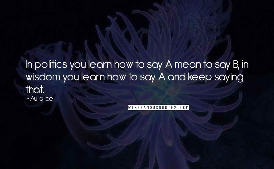 Auliq Ice Quotes: In politics you learn how to say A mean to say B, in wisdom you learn how to say A and keep saying that.