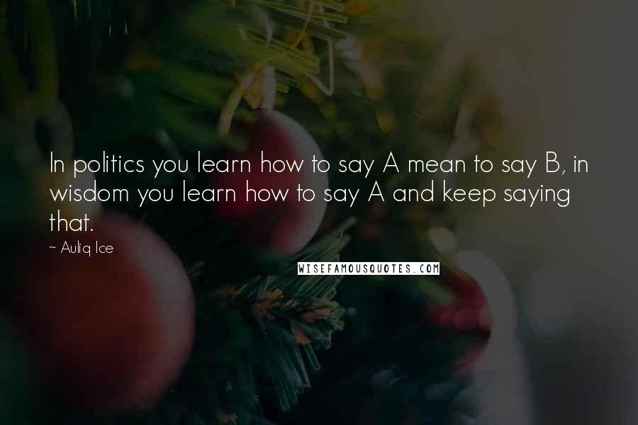 Auliq Ice Quotes: In politics you learn how to say A mean to say B, in wisdom you learn how to say A and keep saying that.