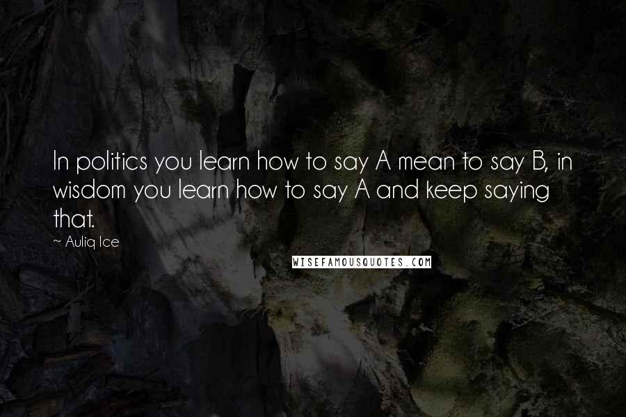 Auliq Ice Quotes: In politics you learn how to say A mean to say B, in wisdom you learn how to say A and keep saying that.