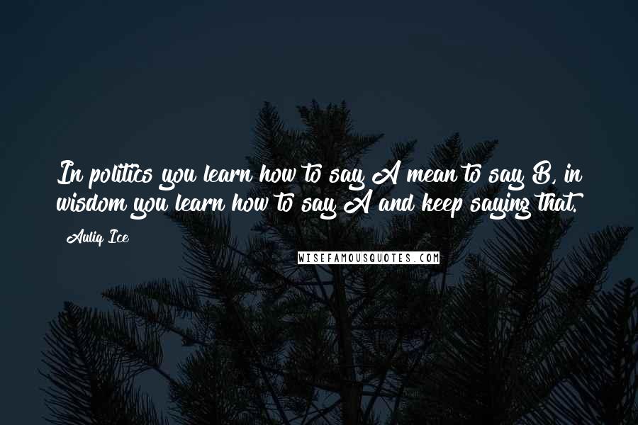 Auliq Ice Quotes: In politics you learn how to say A mean to say B, in wisdom you learn how to say A and keep saying that.