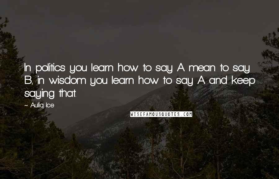 Auliq Ice Quotes: In politics you learn how to say A mean to say B, in wisdom you learn how to say A and keep saying that.