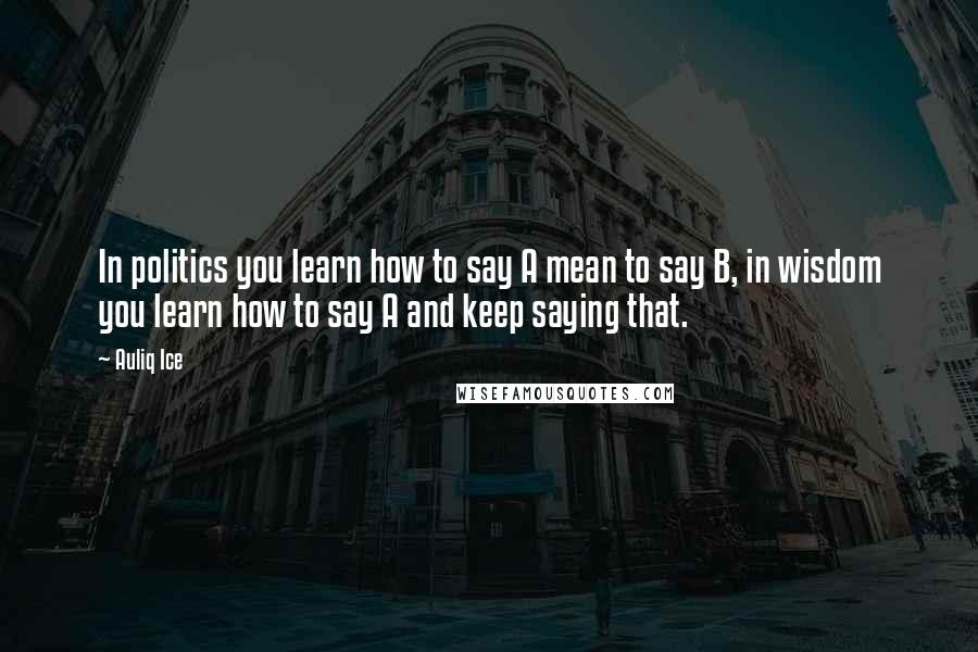 Auliq Ice Quotes: In politics you learn how to say A mean to say B, in wisdom you learn how to say A and keep saying that.