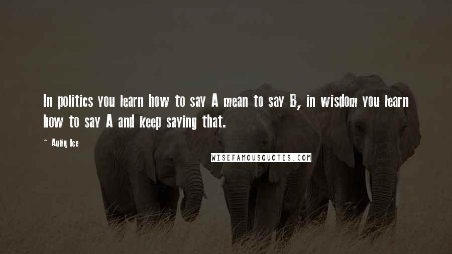 Auliq Ice Quotes: In politics you learn how to say A mean to say B, in wisdom you learn how to say A and keep saying that.