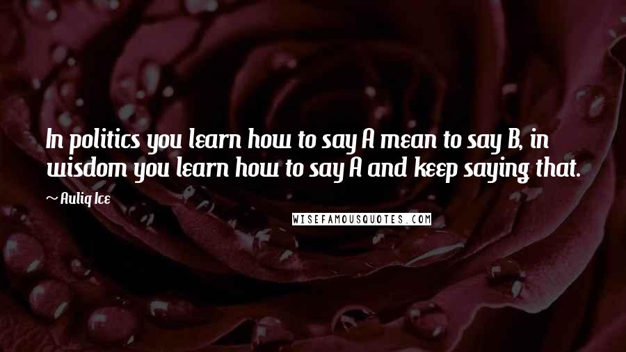 Auliq Ice Quotes: In politics you learn how to say A mean to say B, in wisdom you learn how to say A and keep saying that.