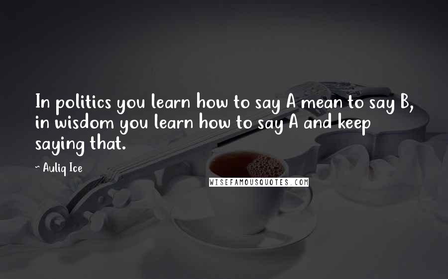 Auliq Ice Quotes: In politics you learn how to say A mean to say B, in wisdom you learn how to say A and keep saying that.