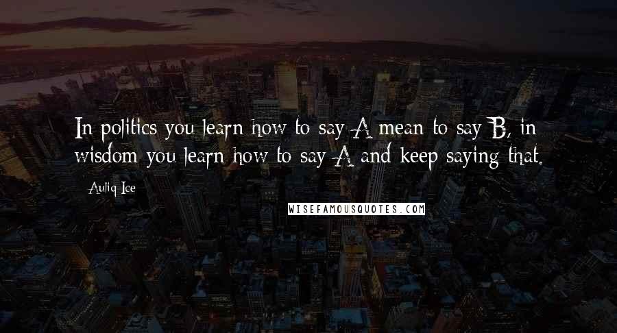 Auliq Ice Quotes: In politics you learn how to say A mean to say B, in wisdom you learn how to say A and keep saying that.