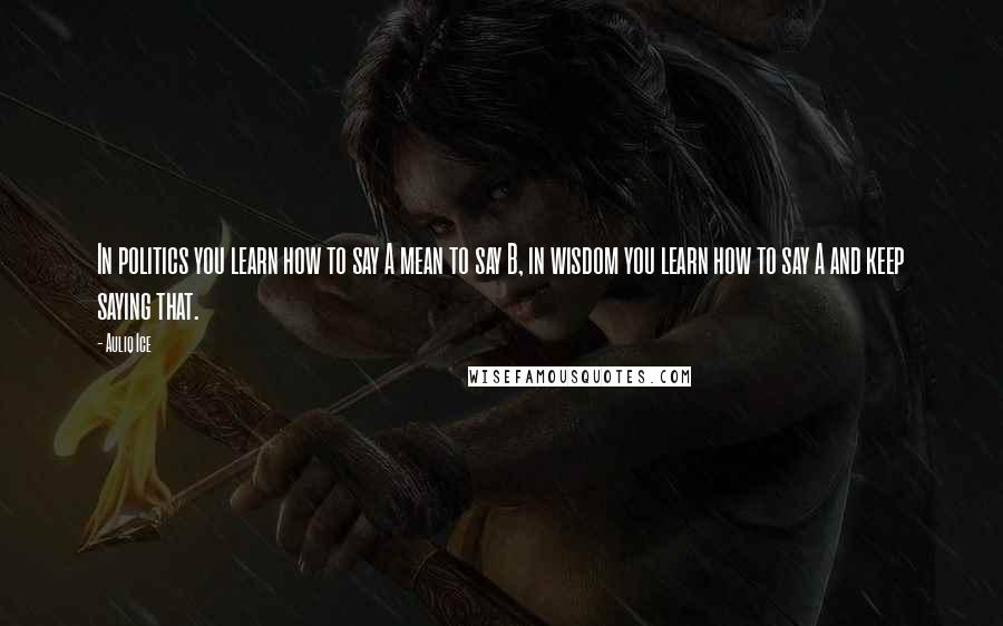 Auliq Ice Quotes: In politics you learn how to say A mean to say B, in wisdom you learn how to say A and keep saying that.