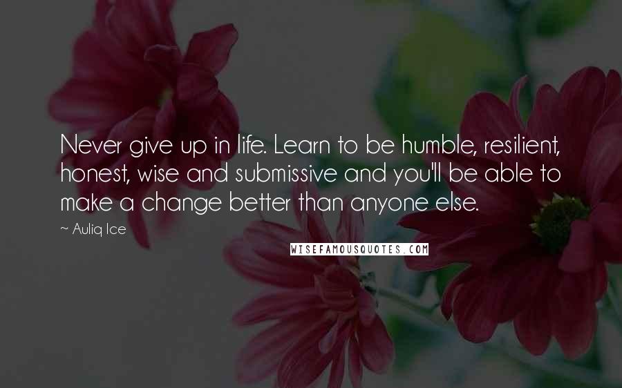 Auliq Ice Quotes: Never give up in life. Learn to be humble, resilient, honest, wise and submissive and you'll be able to make a change better than anyone else.