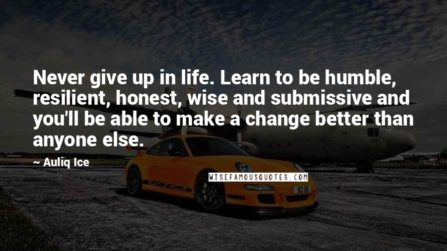 Auliq Ice Quotes: Never give up in life. Learn to be humble, resilient, honest, wise and submissive and you'll be able to make a change better than anyone else.