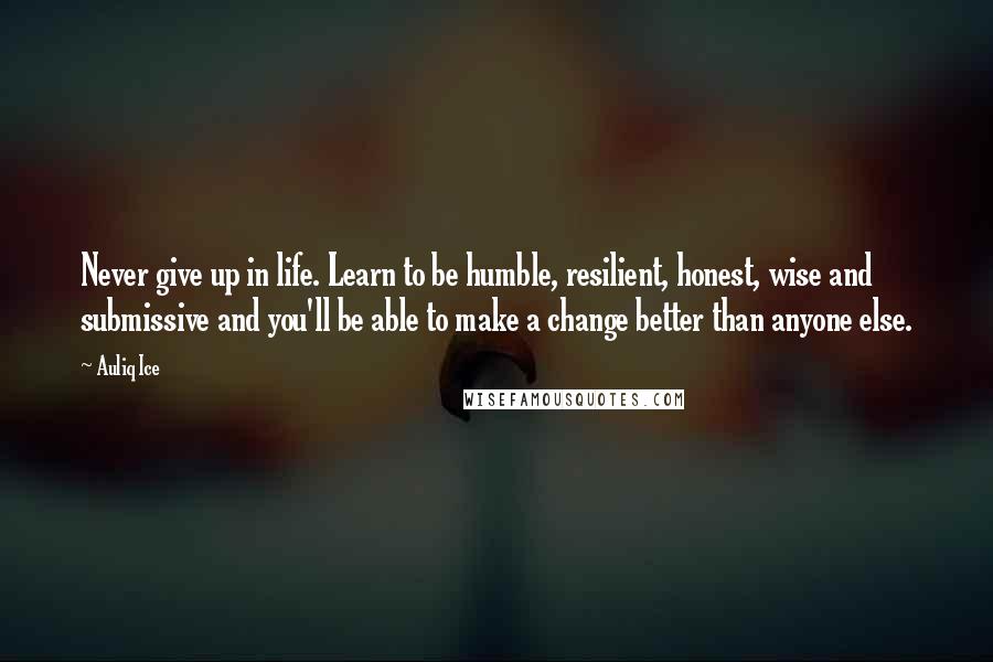 Auliq Ice Quotes: Never give up in life. Learn to be humble, resilient, honest, wise and submissive and you'll be able to make a change better than anyone else.