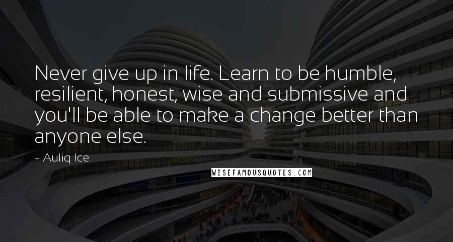 Auliq Ice Quotes: Never give up in life. Learn to be humble, resilient, honest, wise and submissive and you'll be able to make a change better than anyone else.