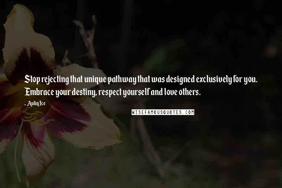 Auliq Ice Quotes: Stop rejecting that unique pathway that was designed exclusively for you. Embrace your destiny, respect yourself and love others.