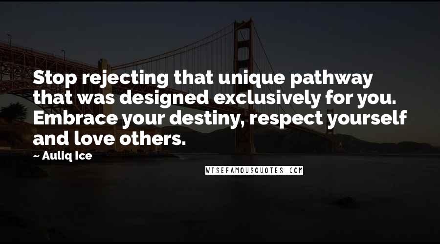 Auliq Ice Quotes: Stop rejecting that unique pathway that was designed exclusively for you. Embrace your destiny, respect yourself and love others.