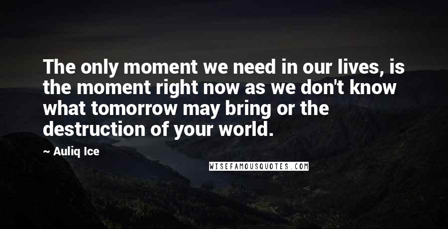 Auliq Ice Quotes: The only moment we need in our lives, is the moment right now as we don't know what tomorrow may bring or the destruction of your world.