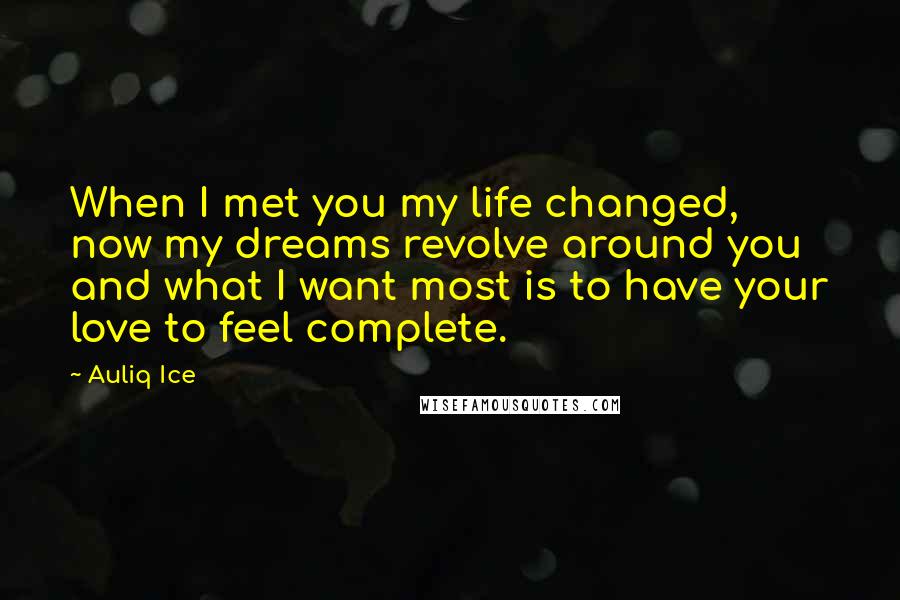 Auliq Ice Quotes: When I met you my life changed, now my dreams revolve around you and what I want most is to have your love to feel complete.
