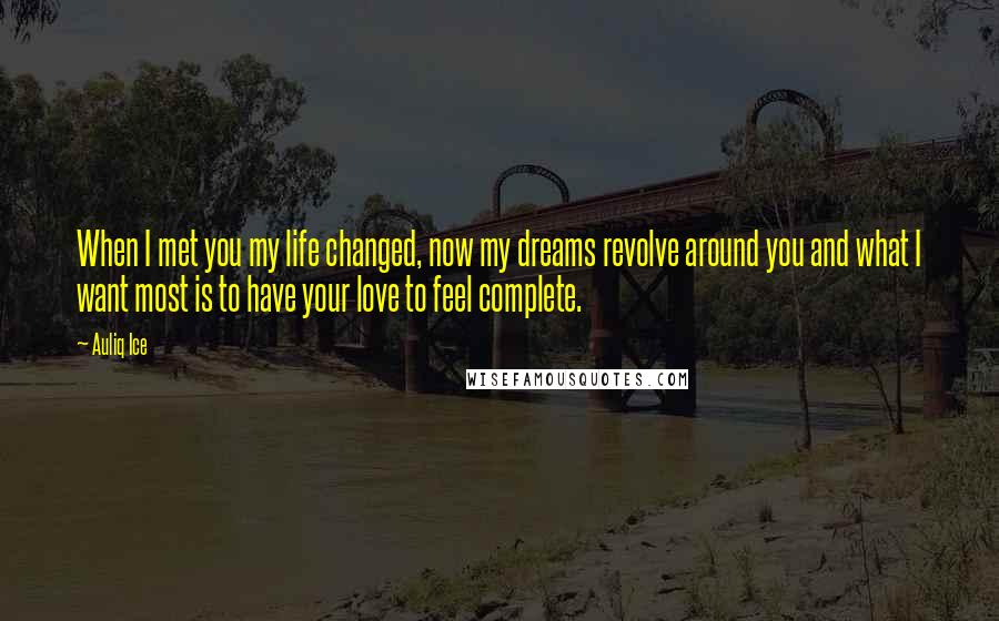 Auliq Ice Quotes: When I met you my life changed, now my dreams revolve around you and what I want most is to have your love to feel complete.