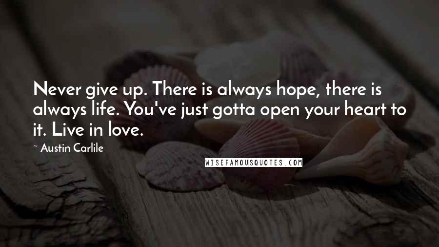 Austin Carlile Quotes: Never give up. There is always hope, there is always life. You've just gotta open your heart to it. Live in love.