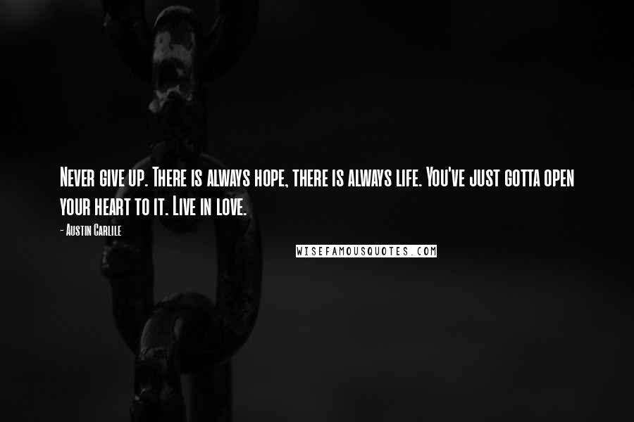 Austin Carlile Quotes: Never give up. There is always hope, there is always life. You've just gotta open your heart to it. Live in love.