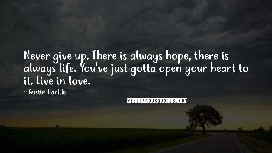 Austin Carlile Quotes: Never give up. There is always hope, there is always life. You've just gotta open your heart to it. Live in love.