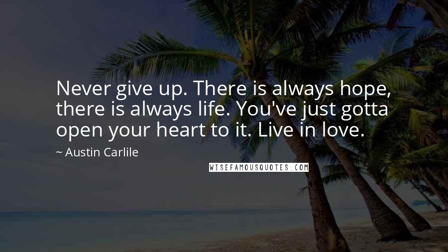 Austin Carlile Quotes: Never give up. There is always hope, there is always life. You've just gotta open your heart to it. Live in love.