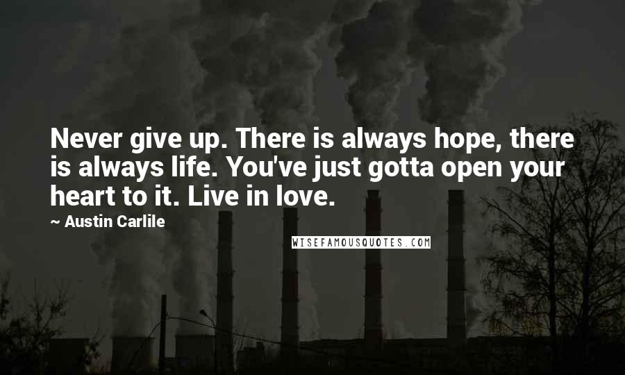 Austin Carlile Quotes: Never give up. There is always hope, there is always life. You've just gotta open your heart to it. Live in love.