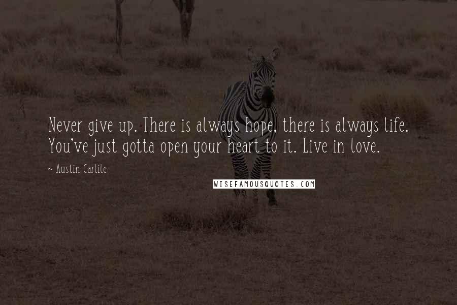 Austin Carlile Quotes: Never give up. There is always hope, there is always life. You've just gotta open your heart to it. Live in love.