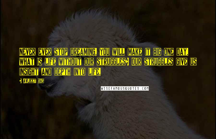 Avijeet Das Quotes: Never ever stop dreaming. You will make it big one day. What is life without our struggles? Our struggles give us insight and depth into life.